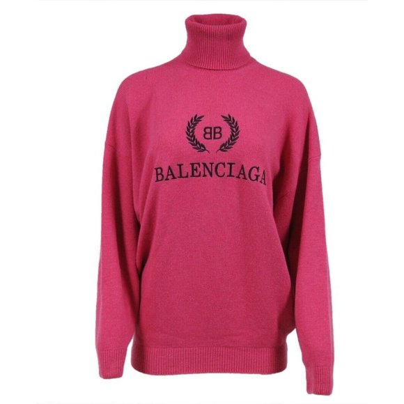 Balenciaga Women BB Logo Turtleneck Sweater Small Pink Black Wool Blend Pullover - Picture 1 of 11